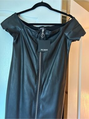 Zara Black Off-Shoulder Faux Leather Dress with Center Zip